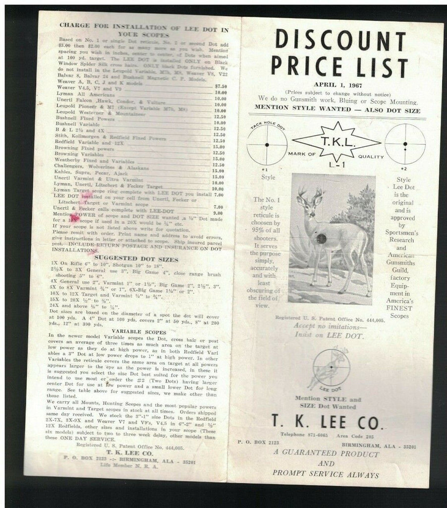 TK Lee Co 1967 Discount Price List Rifle Scopes & Mounts
