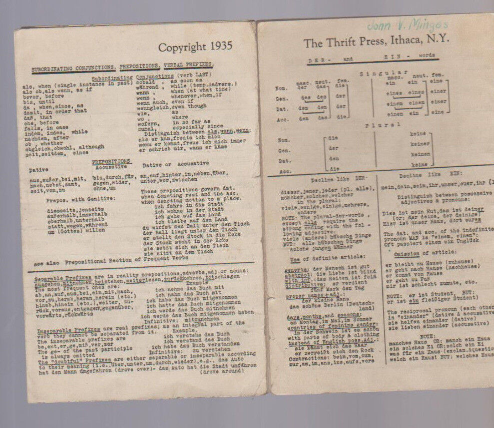 Compact German Guide 1935 Ithaca NY Thrift Press