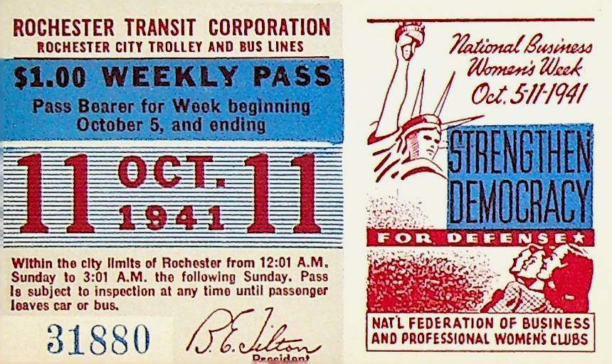 Rochester City Trolley & Bus Lines Pass October 11 1941 Women's Clubs