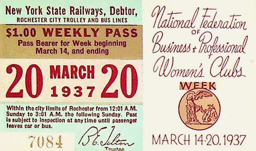 Rochester City Trolley & Bus Lines Pass March 20 1937 Business Women's Club