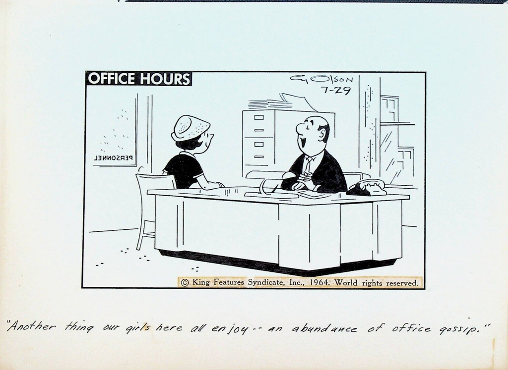 Office Hours by Cy Olson Original Comic Strip Art July 29 1964 Gossip Office