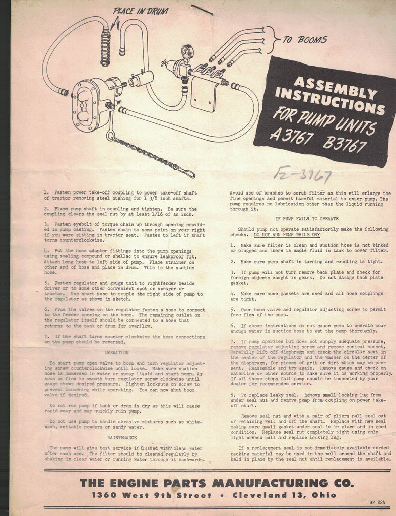 Assembly Instructions for Pump Units A3767 B3767 1952 Engine Parts Mfg