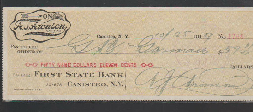 First State Bank of Canisteo NY Used Check 1919 AJ Aronson