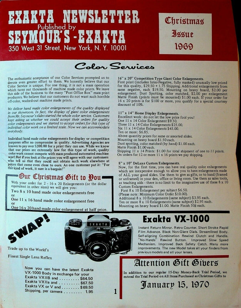 Seymour's Exakta Newsletter December 1969 Camera Lens