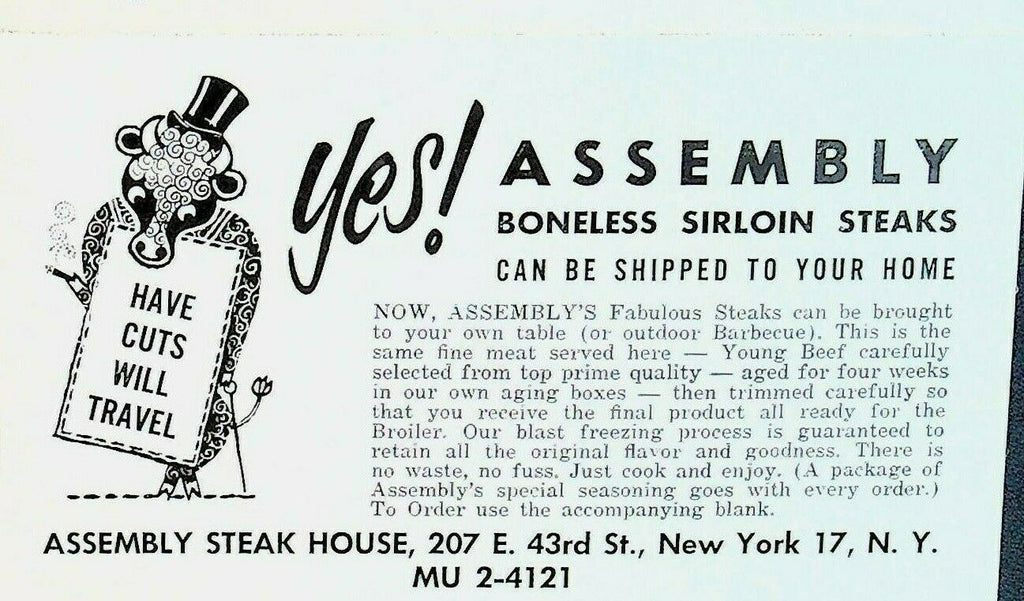Assembly Steak House New York City Restaurant 1950s Table Topper Tent Order