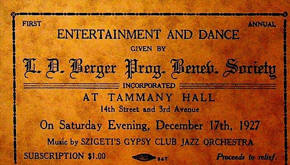 LD Berger Progressive Benevolent Society Ticket December 17 1927 Tammany Hall NY