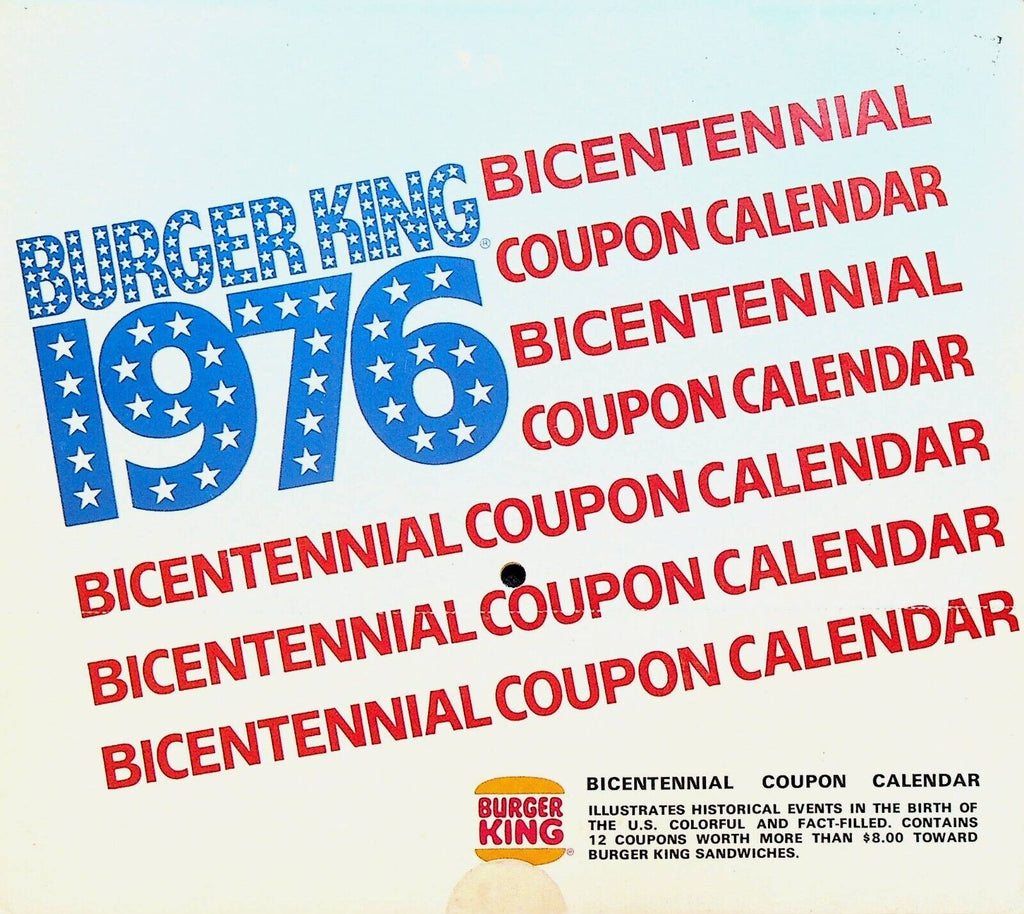 Burger King Bicentennial Coupon Calendar 1976 Unopened