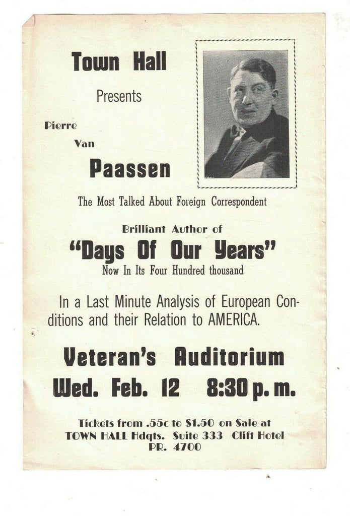 Pierre Van Paassen 1940 Ad Bill San Francisco Performance Days of Our Years