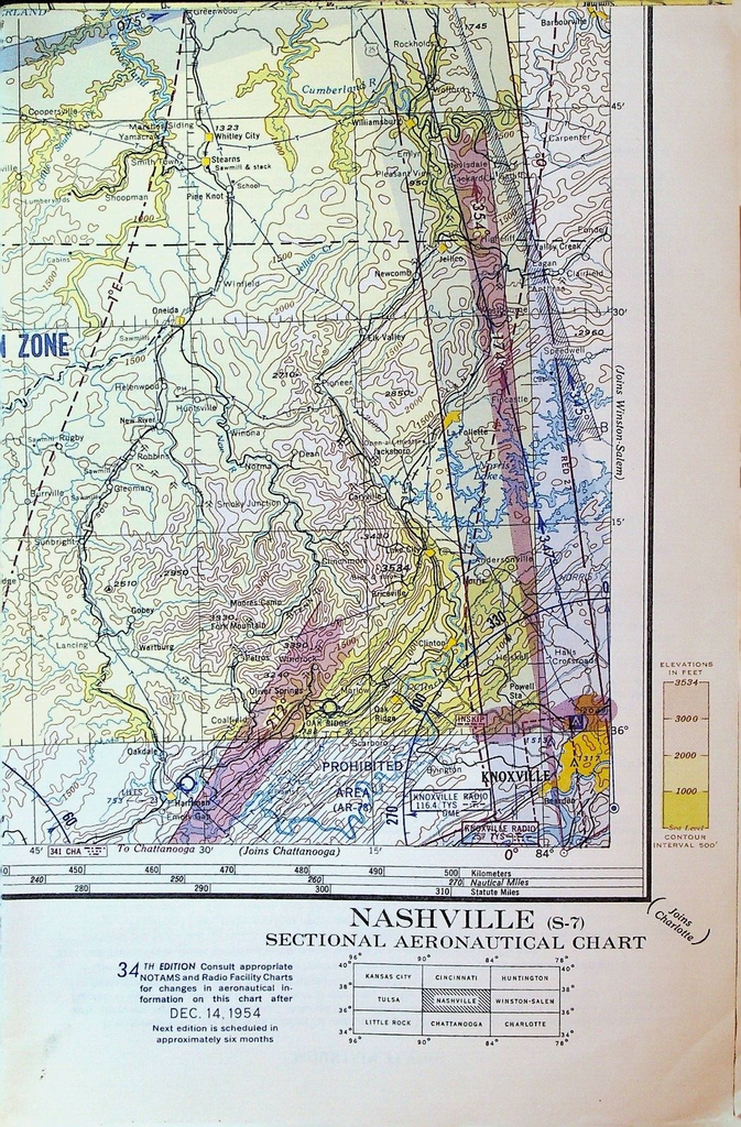 Nashville Tennessee Sectional Aeronautical Chart S-7 1954 34th Edition