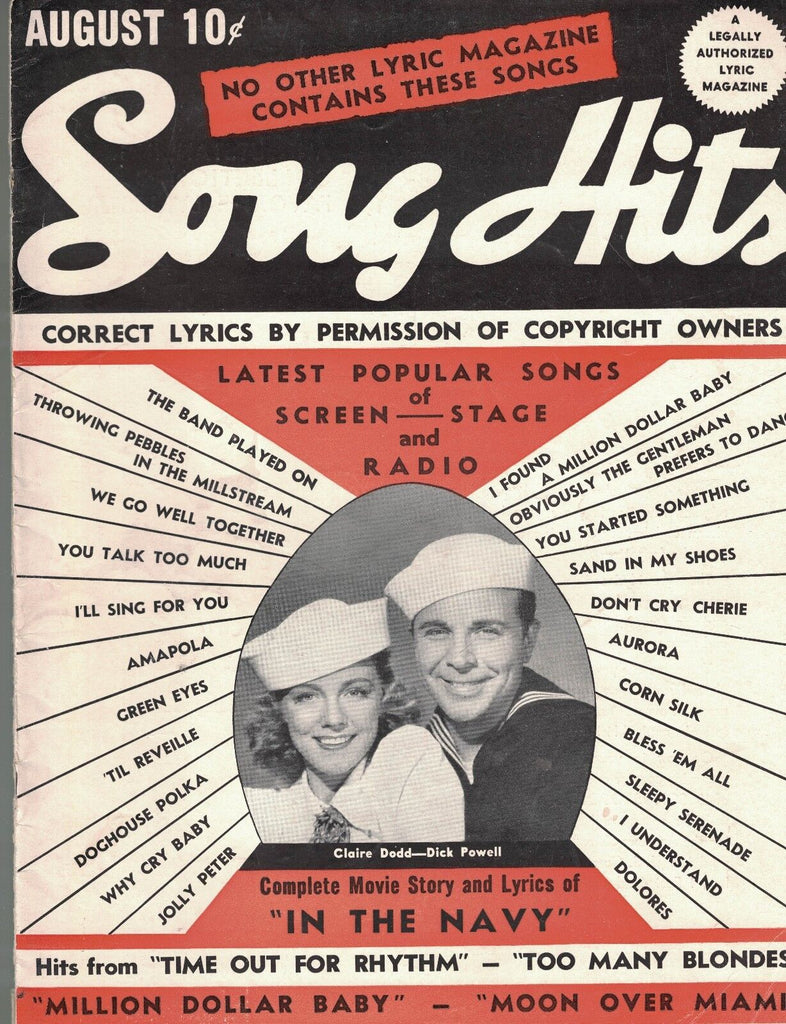 Song Hits Magazine August 1941 Claire Dodd & Dick Powell Ronald Reagan