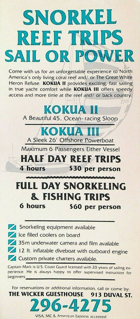 Kokua II III Snorkel Reef Trips Key West Florida Advertising Card 1980s