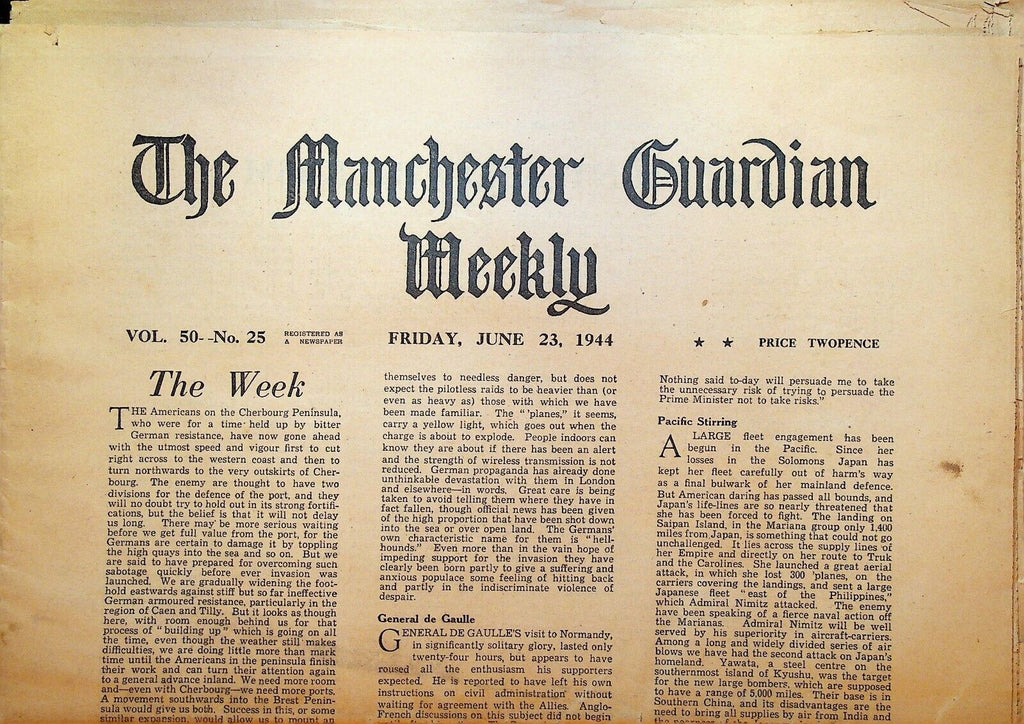 Manchester Guardian Weekly June 23 1944 WWII Charles de Gaulle