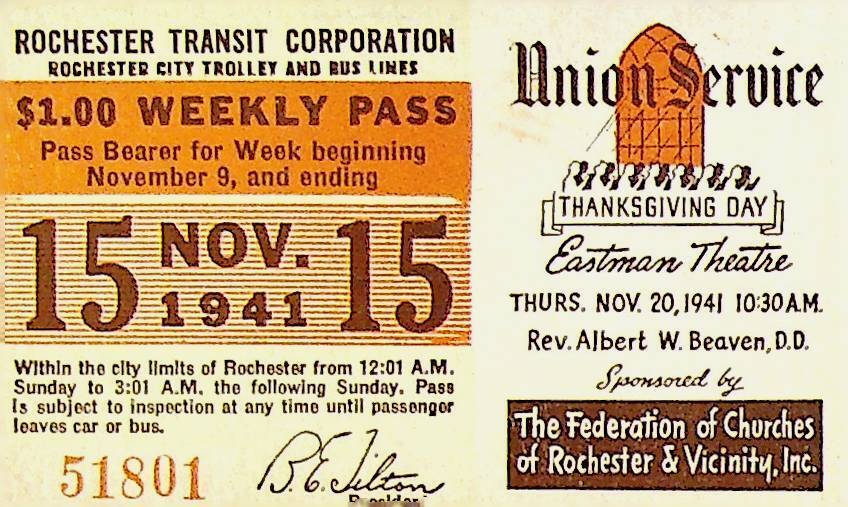 Rochester City Trolley & Bus Lines Pass November 15 1941 Thanksgiving Day