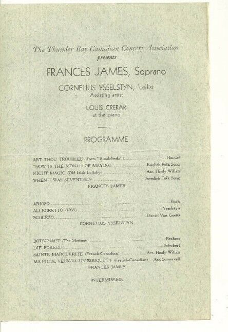 Frances James 1938 signed program Thunder Bay Canada Soprano