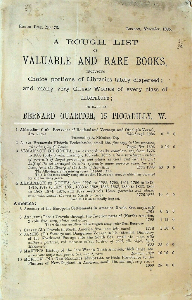 Rough List of Valuable & Rare Books #73 November 1885 Bernard Quaritch