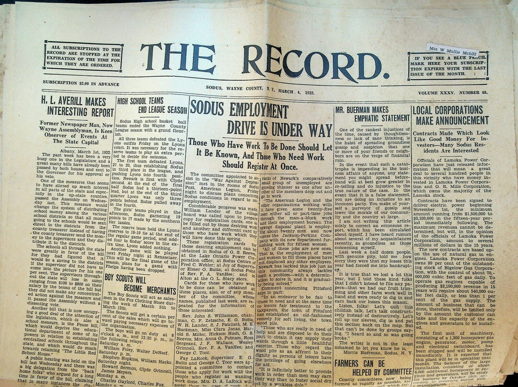 The Record Newspaper Sodus NY March 4 1932 HL Averill Boy Scouts