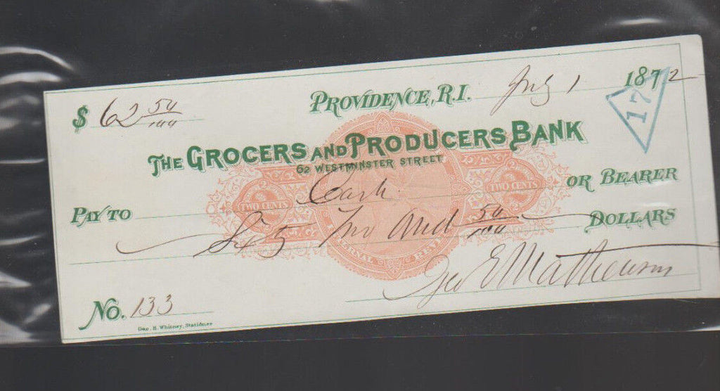 Grocers & Producers Bank Providence Rhode Island Used Check 1872 Green