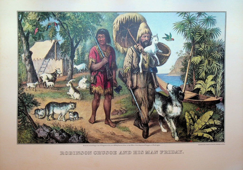 Currier & Ives Calendar Topper 1970 Robinson Crusoe & His Friend Friday