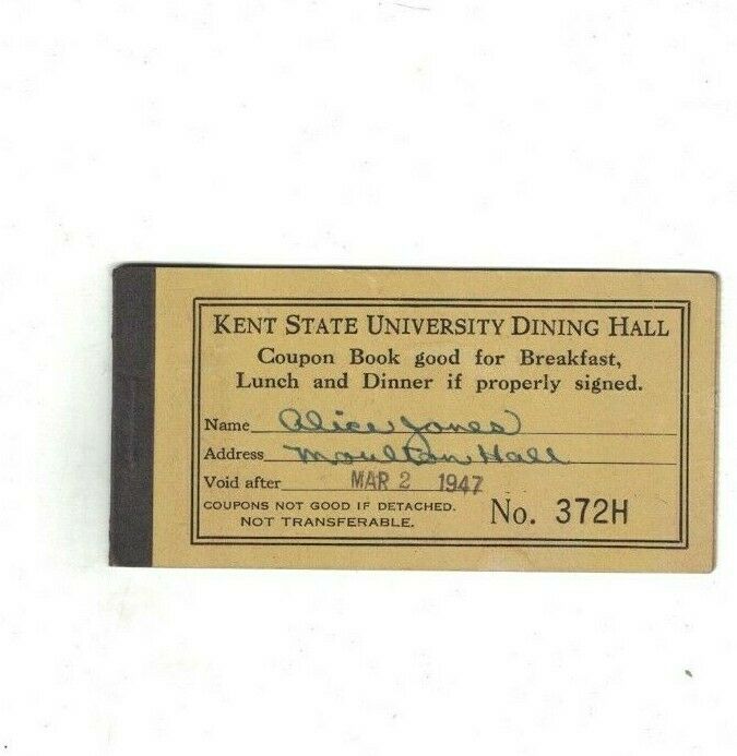 Kent State University Dining Hall Coupon Book 1947 Alice Jones Moulton Hall