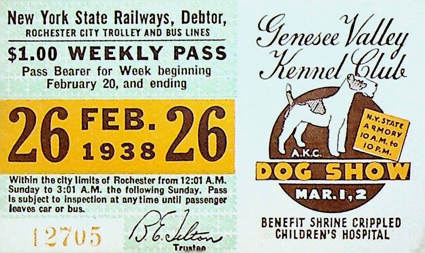 Rochester City Trolley & Bus Lines Pass February 26 1938 Kennel Club