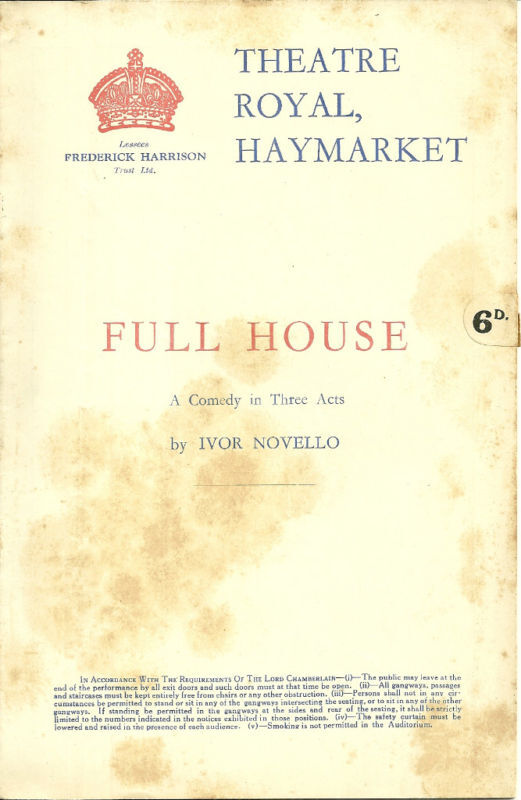 Full House Program Theatre Royal Haymarket Ivor Novello