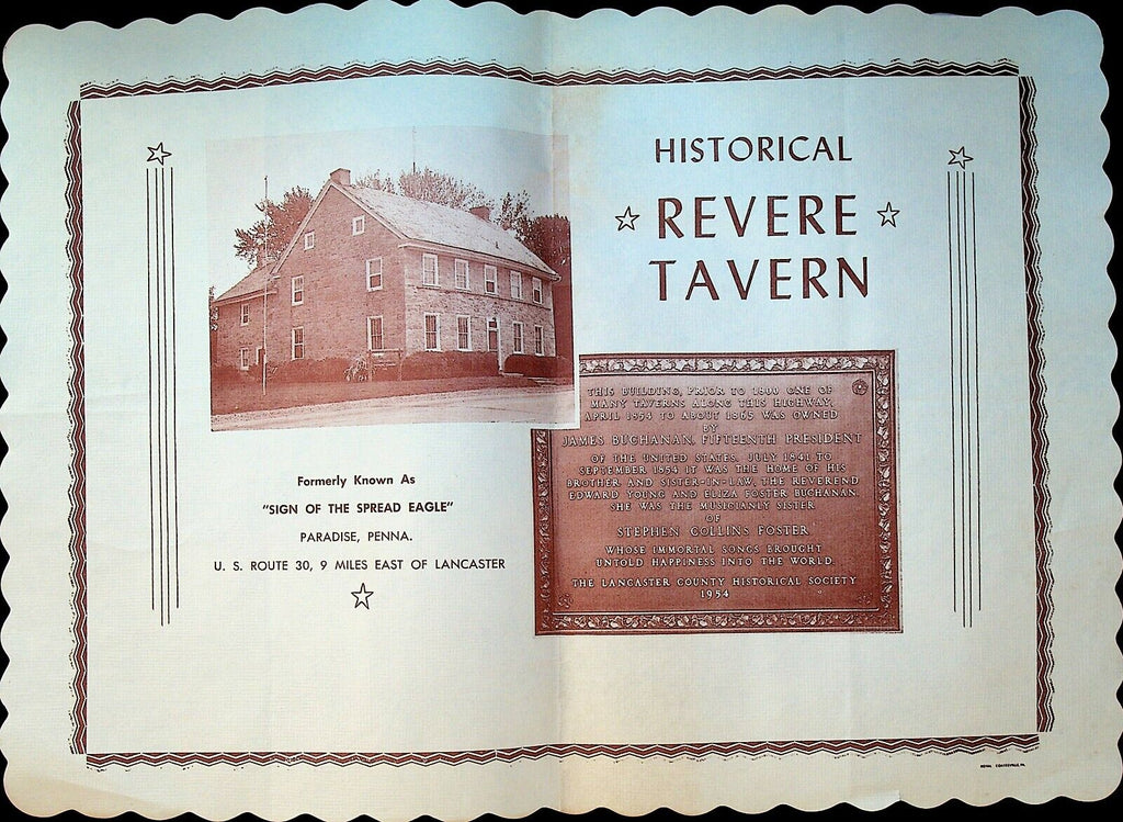 Historical Revere Tavern Placemat Paradise Pennsylvania 1960s Lancaster Pa