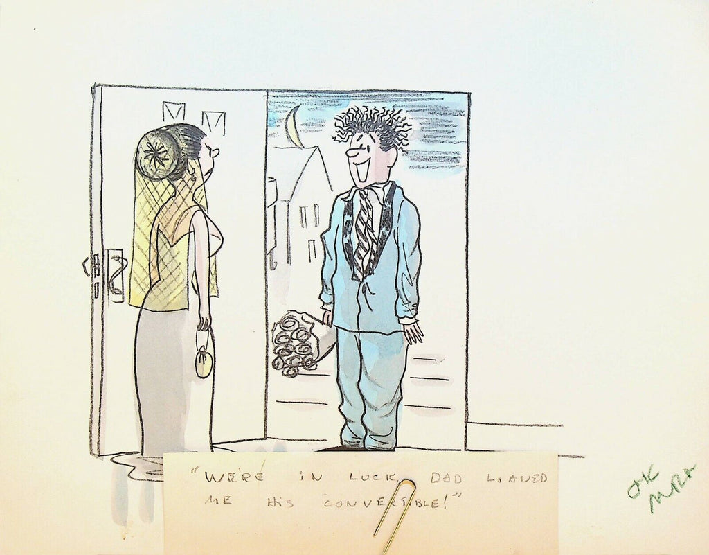 Original Comic Art Gag Cartoon Man on Date Dad's Convertible Flowers Woman