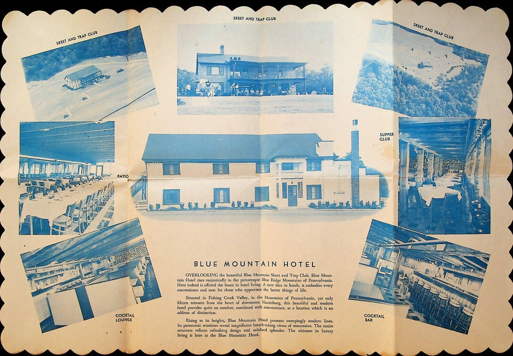 Blue Mountain Hotel Paper Placemat Fishing Creek Valley Pennsylvania 1960s