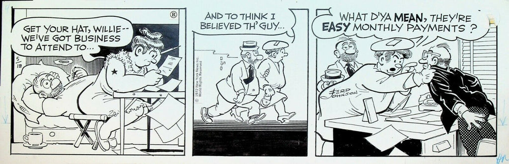 Moon Mullins Original Comic Strip Art Ferd Johnson May 18 1972 Bills