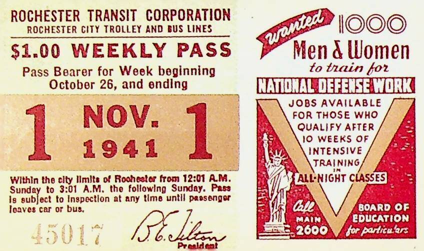 Rochester City Trolley & Bus Lines Pass November 1 1941 National Defense Work
