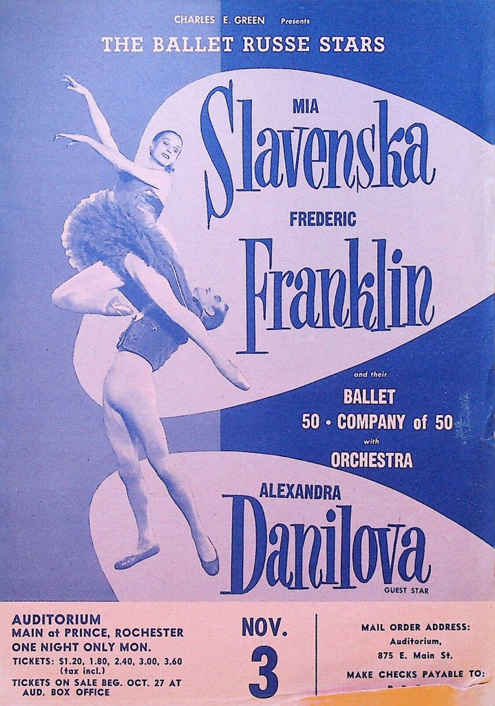 Ballet Russe Mia Slavenska Ballet Handbill November 3 1952 Rochester NY