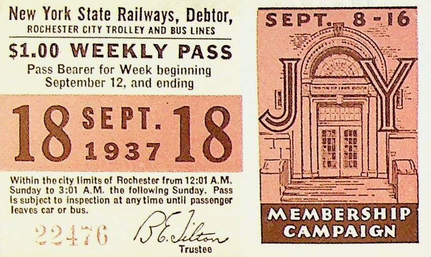 Rochester City Trolley & Bus Lines Pass September 18 1937 Membership Campaign