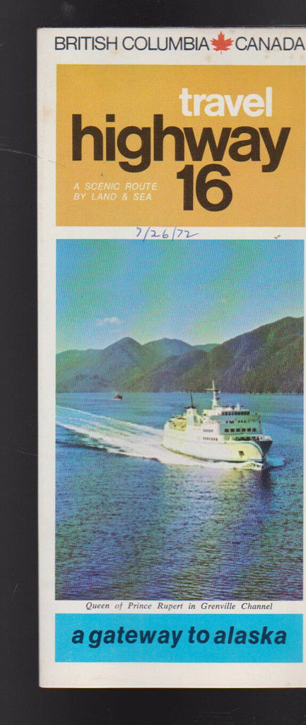 British Columbia Canada Road Map 1972 Travel Highway 16