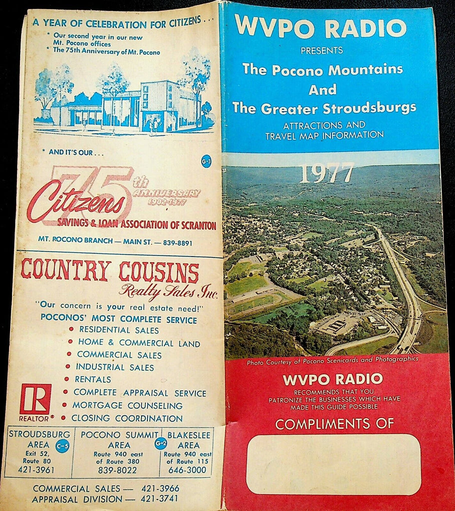 Pocono Mountains & Greater Stroudsburgs Attractions & Travel Map 1977 WVPO Radio