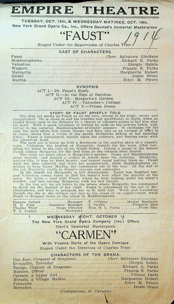 Faust & Carmen October 1914 Empire Theatre Syracuse NY Sheet