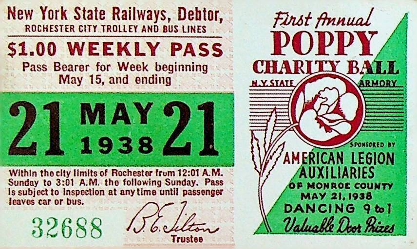 Rochester City Trolley & Bus Lines Pass May 21 1938 American Legion Charity Ball