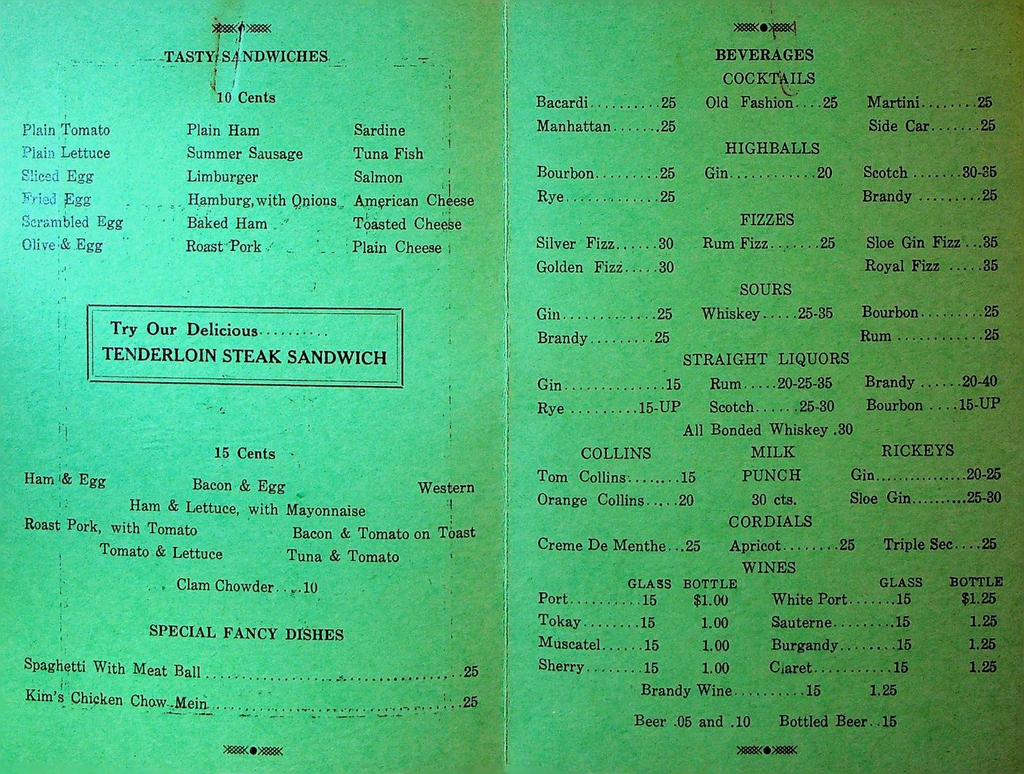 Lynam's Grill Menu Rochester NY 1930s