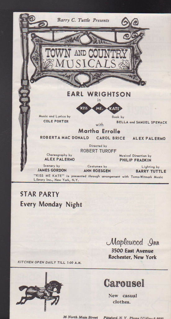 Kiss Me Kate Earl Wrightson Martha Errolle  Town & Country 1960s