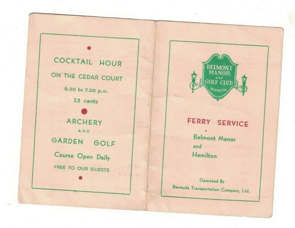 Belmont Manor & Golf Club Ferry Service Schedule 1930s Bermuda