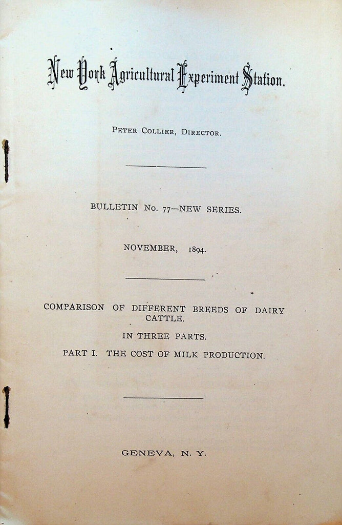 Cost of Milk Production in Different Breeds of Cattle November 1894 Booklet