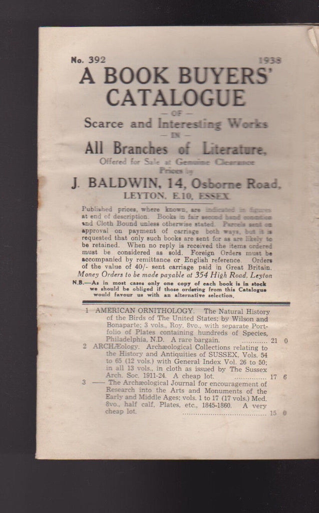 J Baldwin Book Buyers Catalogue #392 1938