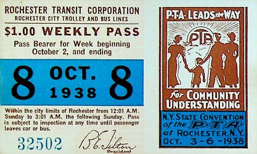 Rochester City Trolley & Bus Lines Pass October 8 1938 PTA Parents Teachers