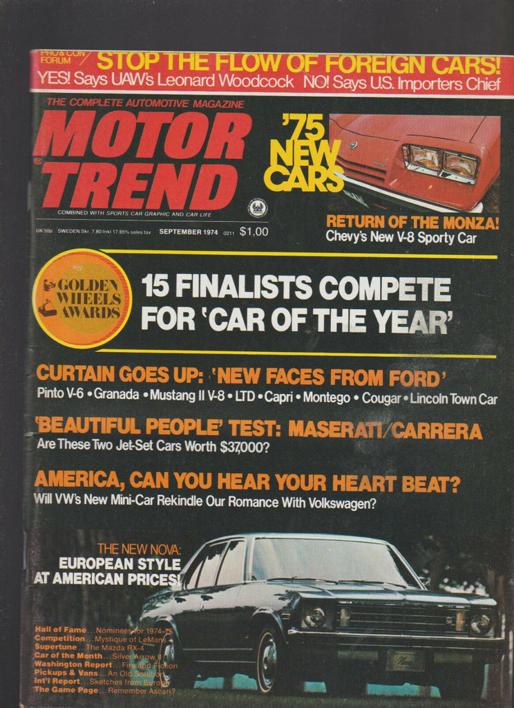 Motor Trend Magazine September 1974 Monza Maserati Carrera VW