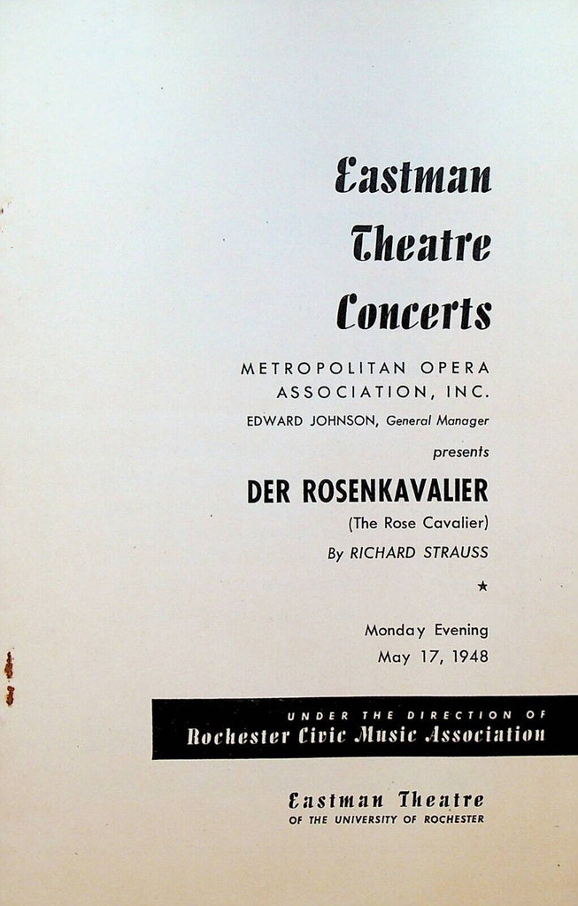 Der Rosenkavalier Program Eastman Theatre Concerts May 17 1948 Rochester NY