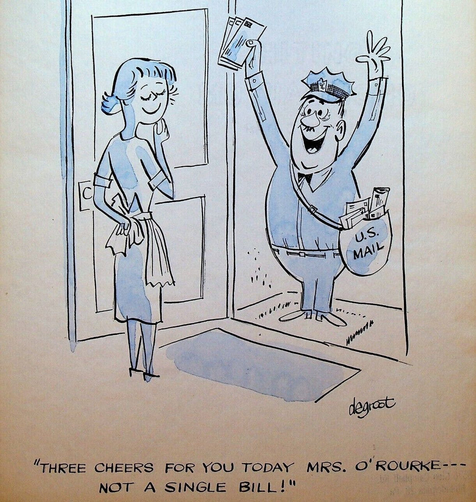 Lee DeGroot Original Art Gag Excited Mail Carrier No Bills Mrs O'Rourke