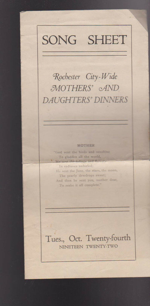 Rochester NY City-Wide Mothers & Daughters Dinners Song Sheet October 24 1922
