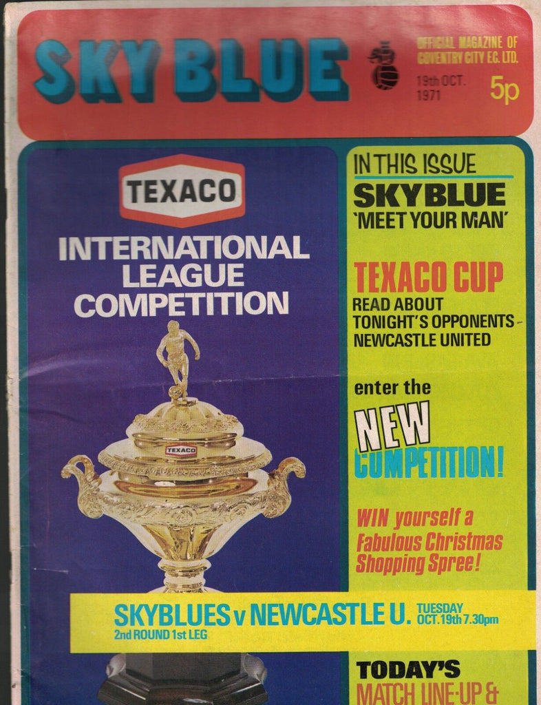 Coventry City FC Sky Blue Magazine October 19 1971- Texaco Cup- vs Newcastle U