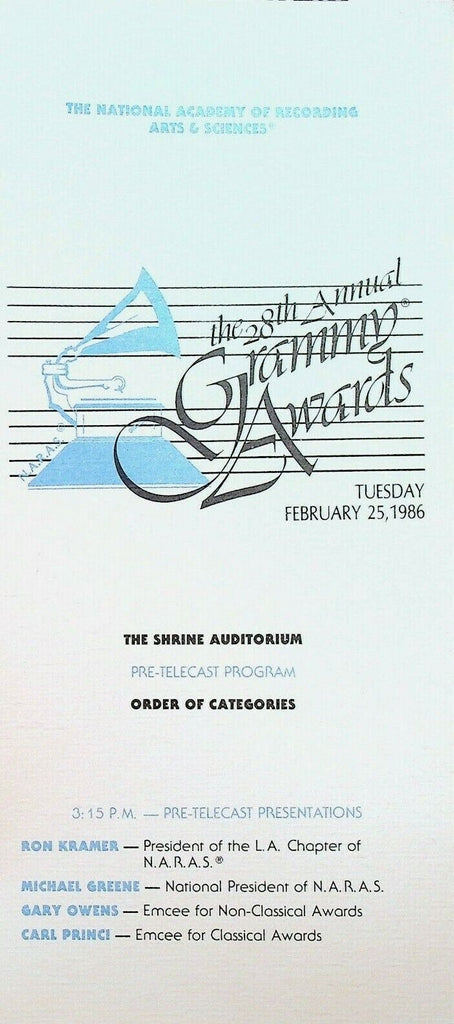 Grammy Awards 1986 28th Annual Pre-Telecast Presentation Schedule Program