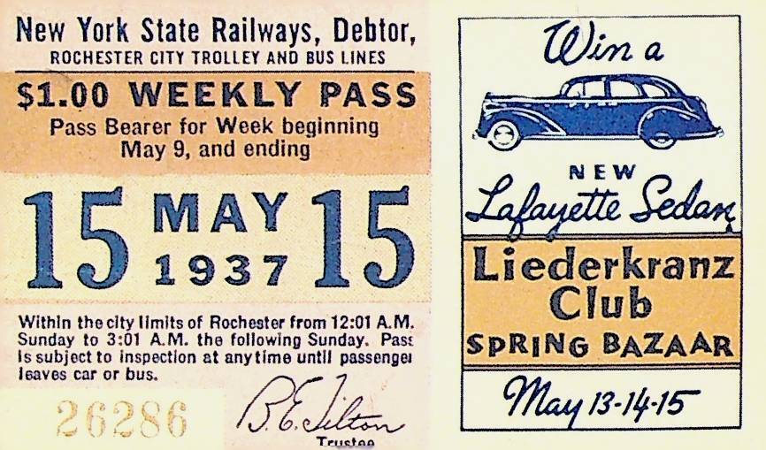 Rochester City Trolley & Bus Lines Pass May 15 1937 Lafayette Sedan Car