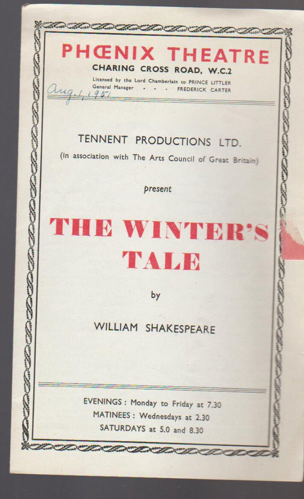 The Winter's Tale Phoenix Theatre August 1951 Program John Gielgud